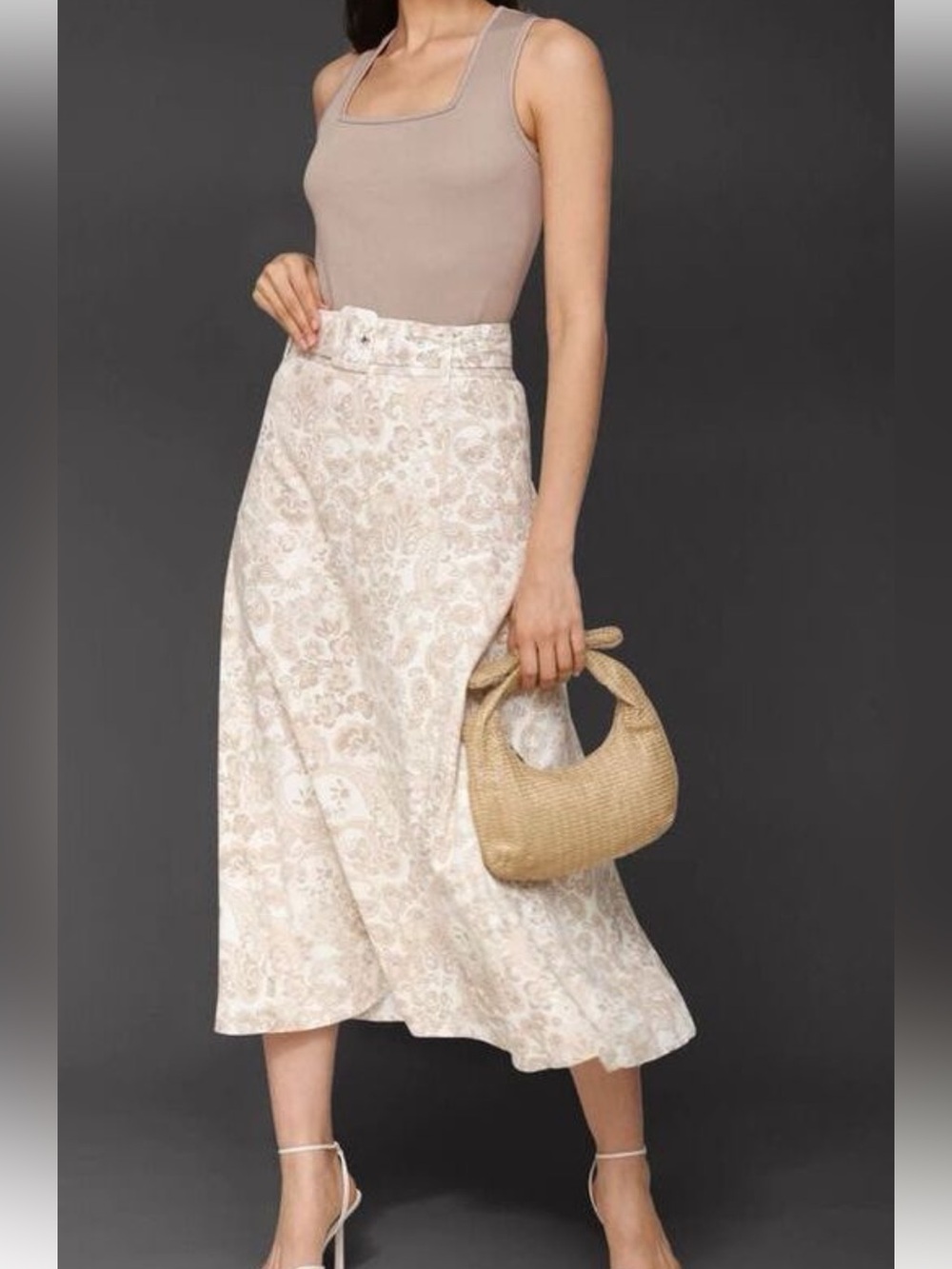 NWT Bagatelle Cream Paisley Midi Skirt with Belted Waist size L